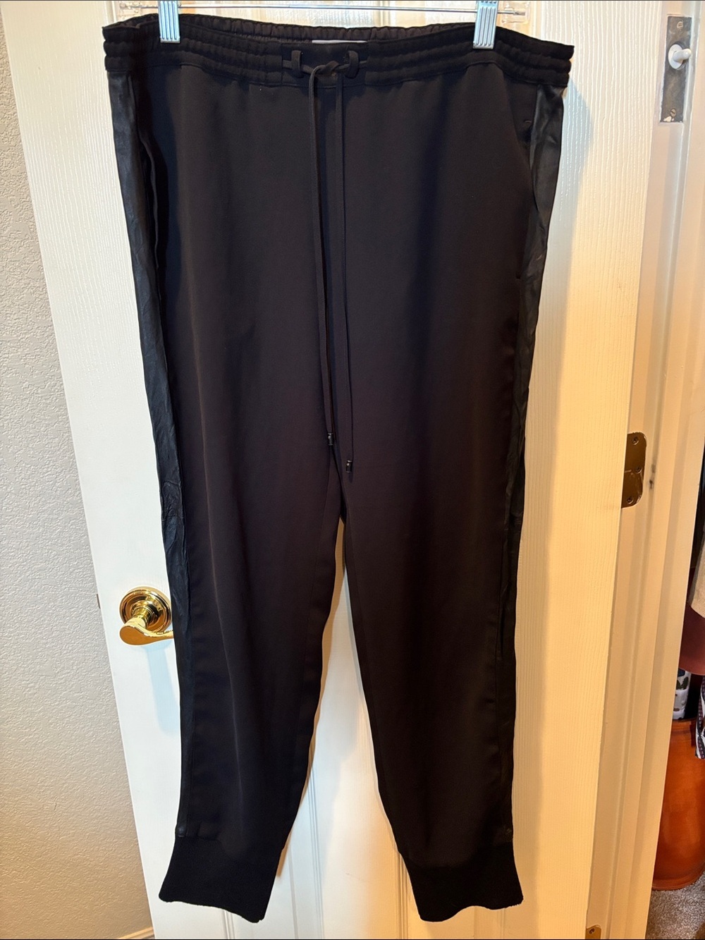 Vince Black Satin Tuxedo Stripe Jogger Pants Drawstring Pull On Lounge Luxury S